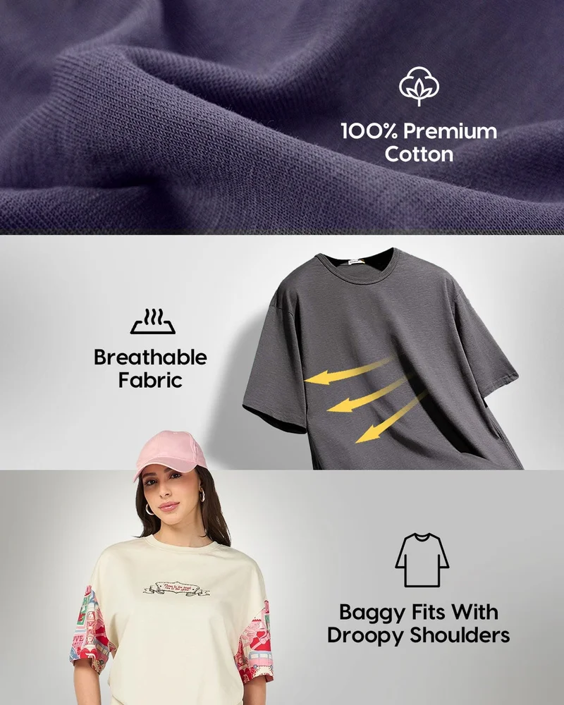 bewakoof Women's White & Yellow New World All Over Printed Oversized Crop T-shirt